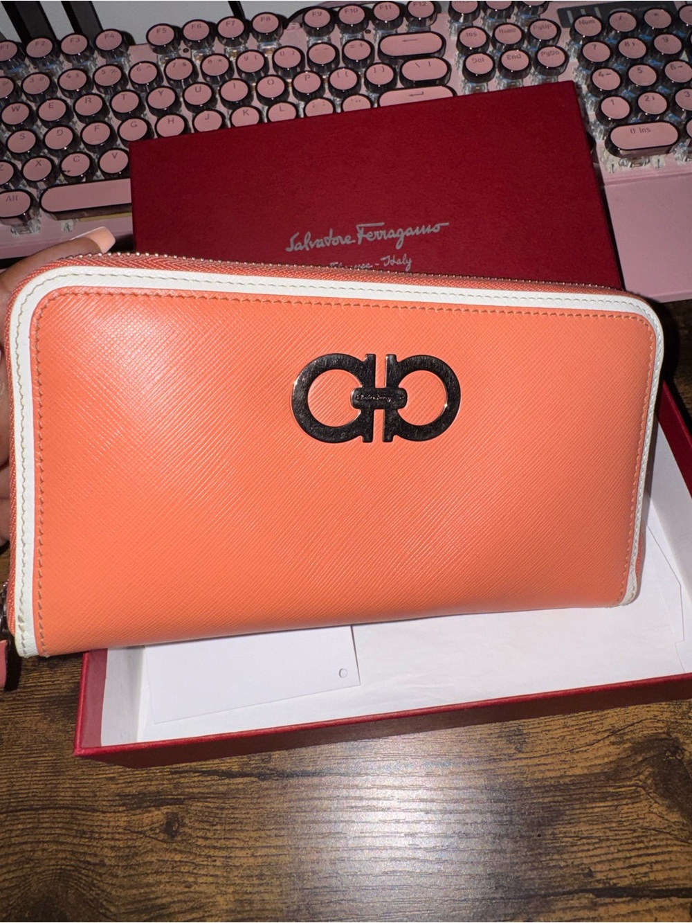 Salvatore Ferragamo Coral-Orange Zip Wallet with White Trim
